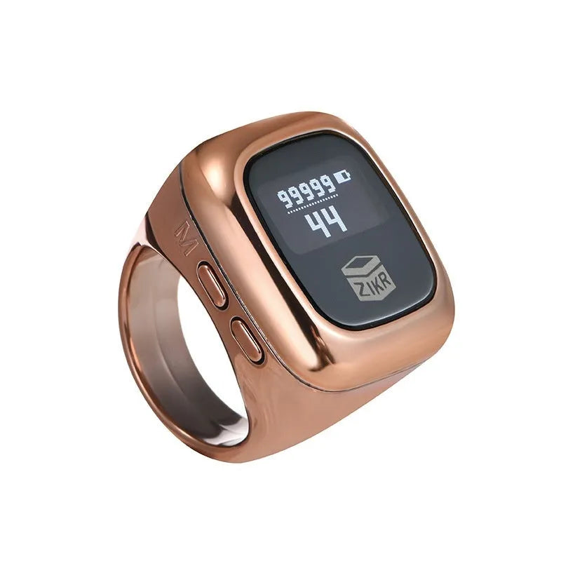 Al-fatiha Zikr electronic counter on wrist with digital display showing count, available in black, space grey, rose gold, silver, wine red, green.