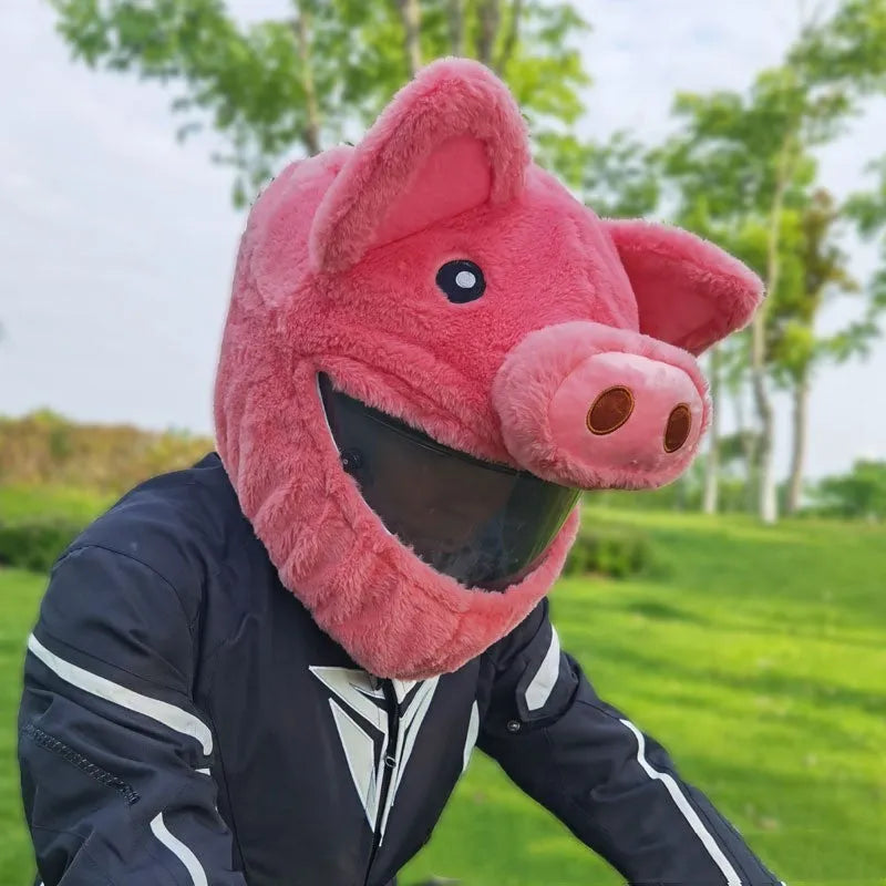 Pink pig cartoon design plush hood for covering a motorcycle helmet