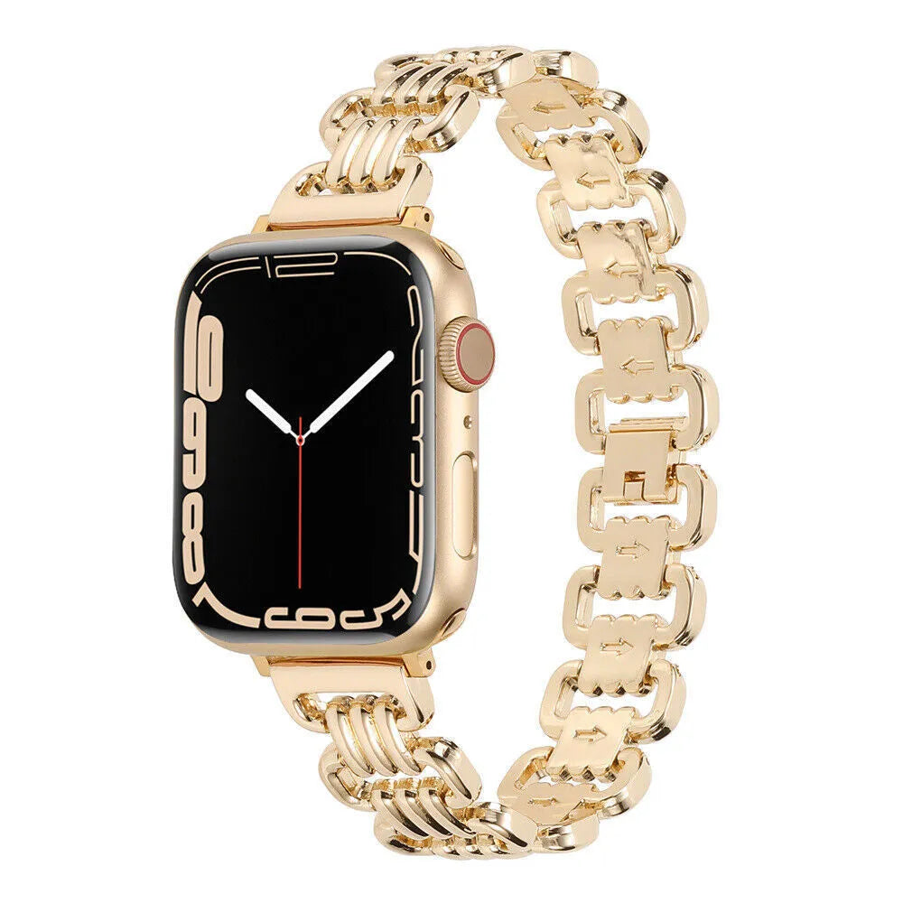 Alloy metal ladies watch bracelet for Apple Watch in silver, black, gold, rose gold, and Starlight colours, sizes 38-49mm