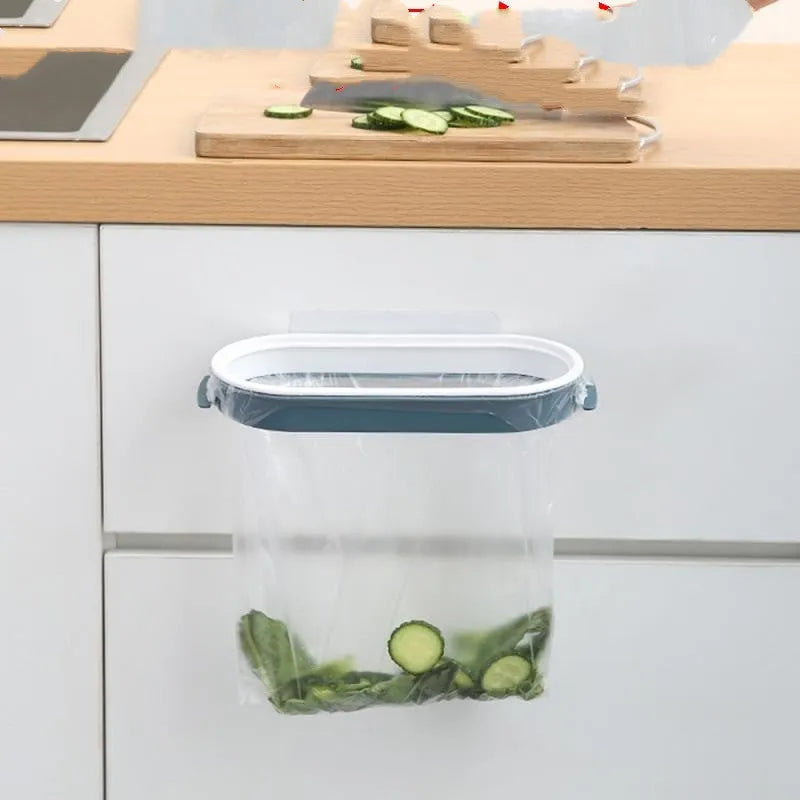 Blue plastic kitchen garbage bag storage rack on a cabinet shelf