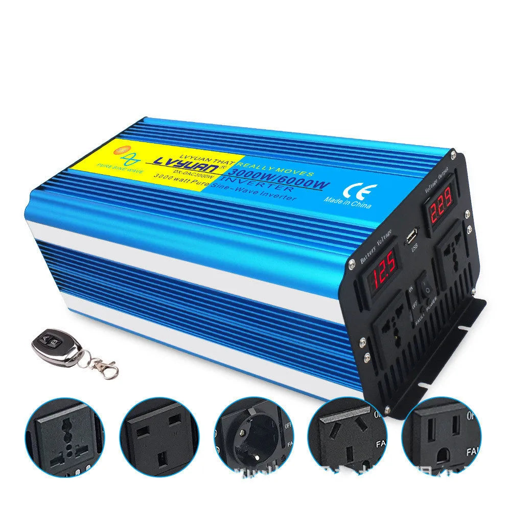 Blue 3000W car power inverter with digital display and UK socket