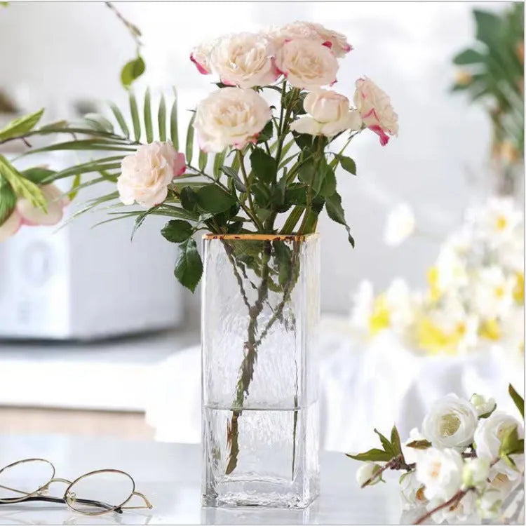 Transparent gold-painted glass vase in 8x20cm, 8x25cm, or 8x30cm for home and wedding decor