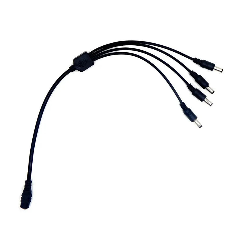 Black DC monitoring power cord with one input and four output connectors for CCTV cameras