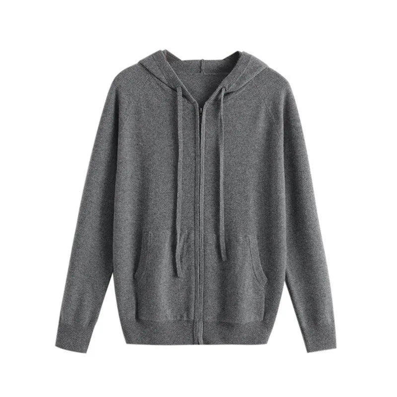 Man wearing a solid colour hooded cashmere knit cardigan with zipper front