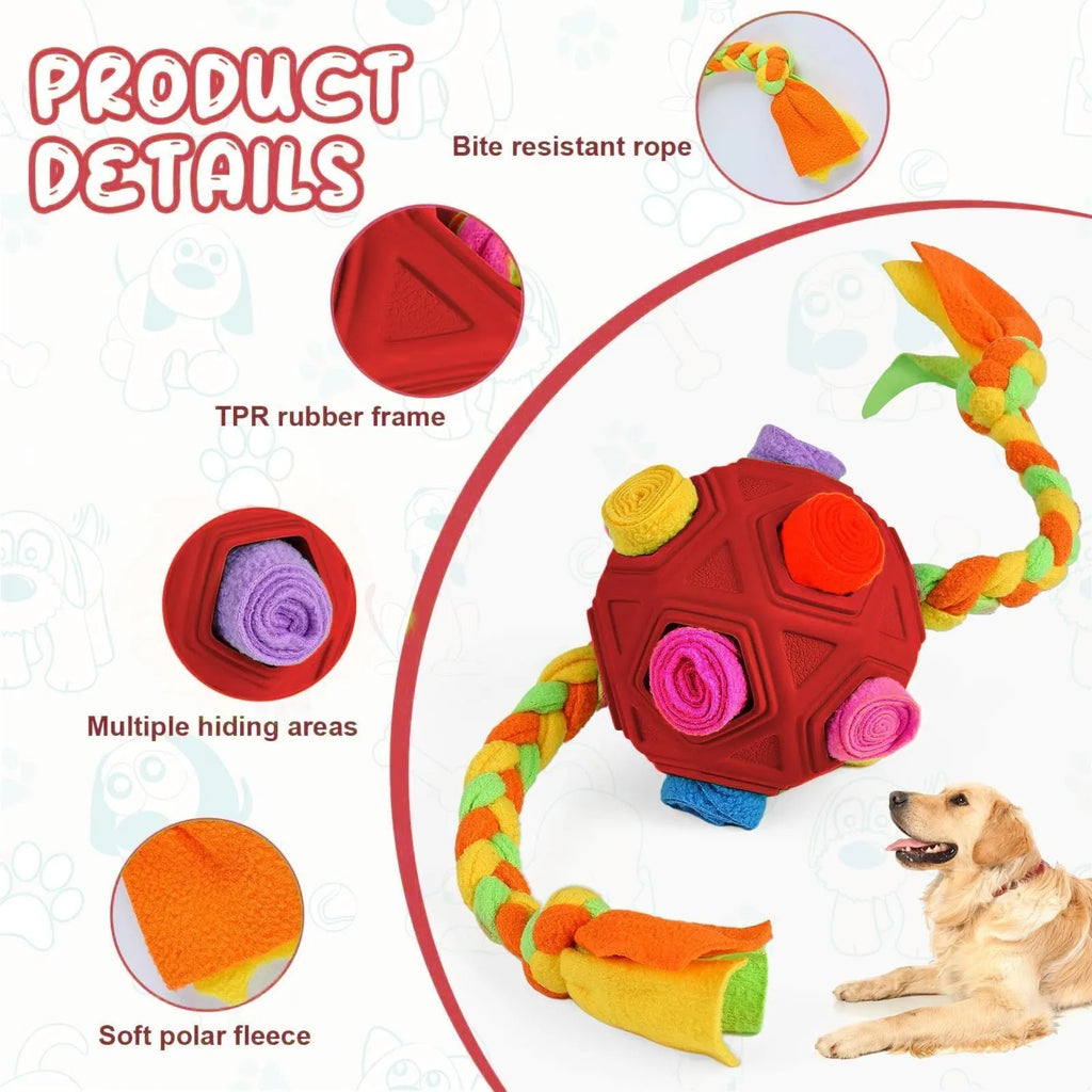 Bite resistant pet sniffing ball dog puzzle toy in assorted colours for treat dispensing and IQ training.