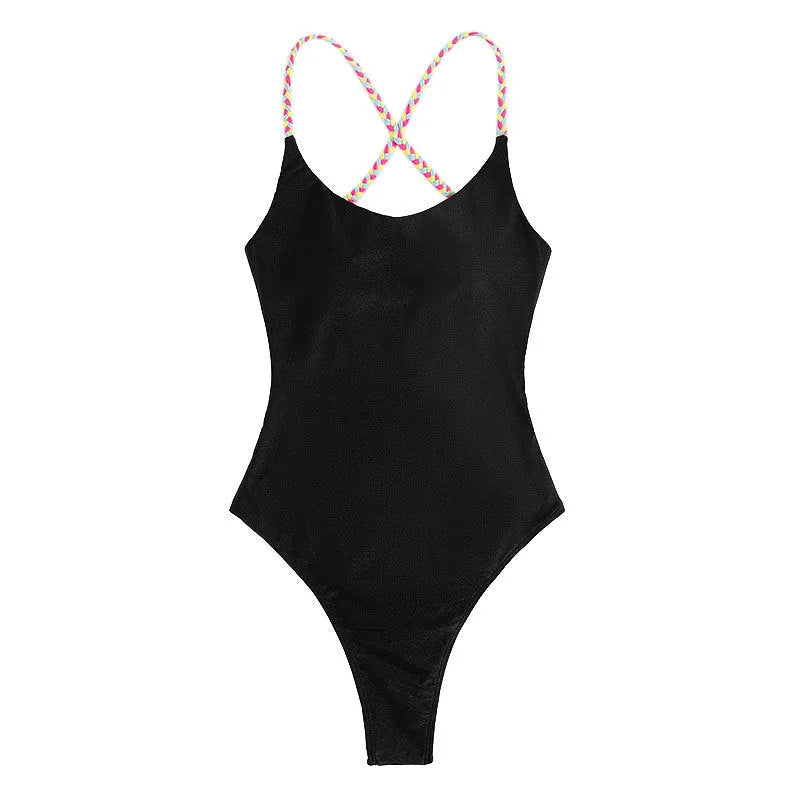 Black solid colour one-piece swimsuit with backless and sleeveless design.