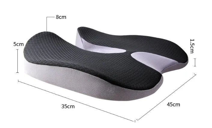 Curved bevel seat cushion in black with memory foam core for tailbone and lower back support