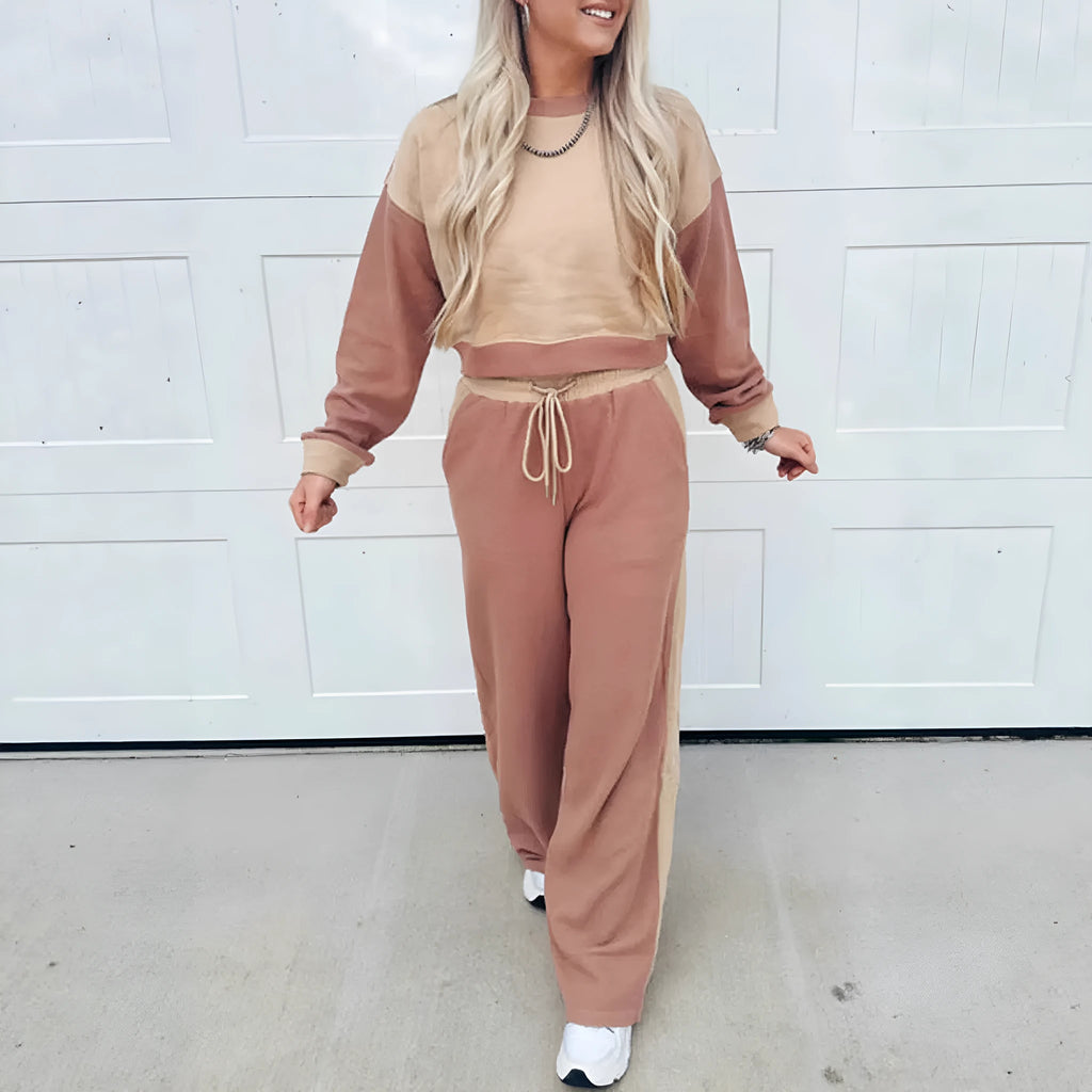 Women's camel-coloured cotton sports and leisure matching suit with top and trousers