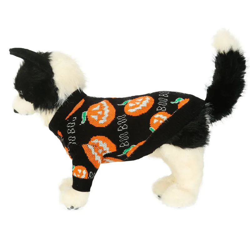 Black dog Halloween sweater with orange pumpkin pattern design in polyester knit fabric