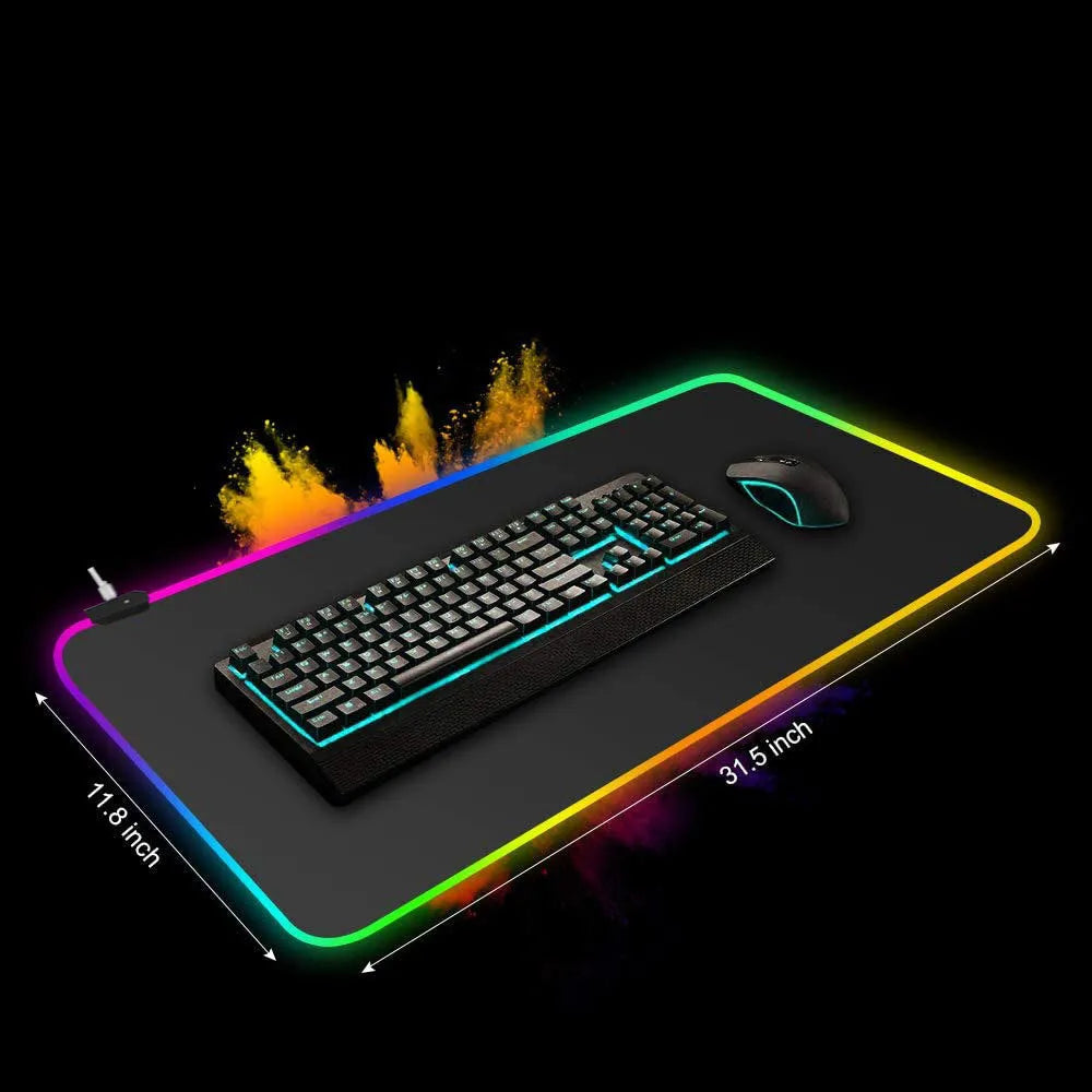 Symphony RGB luminous mouse pad with starry sky pattern lit by USB-powered LEDs on a desk.