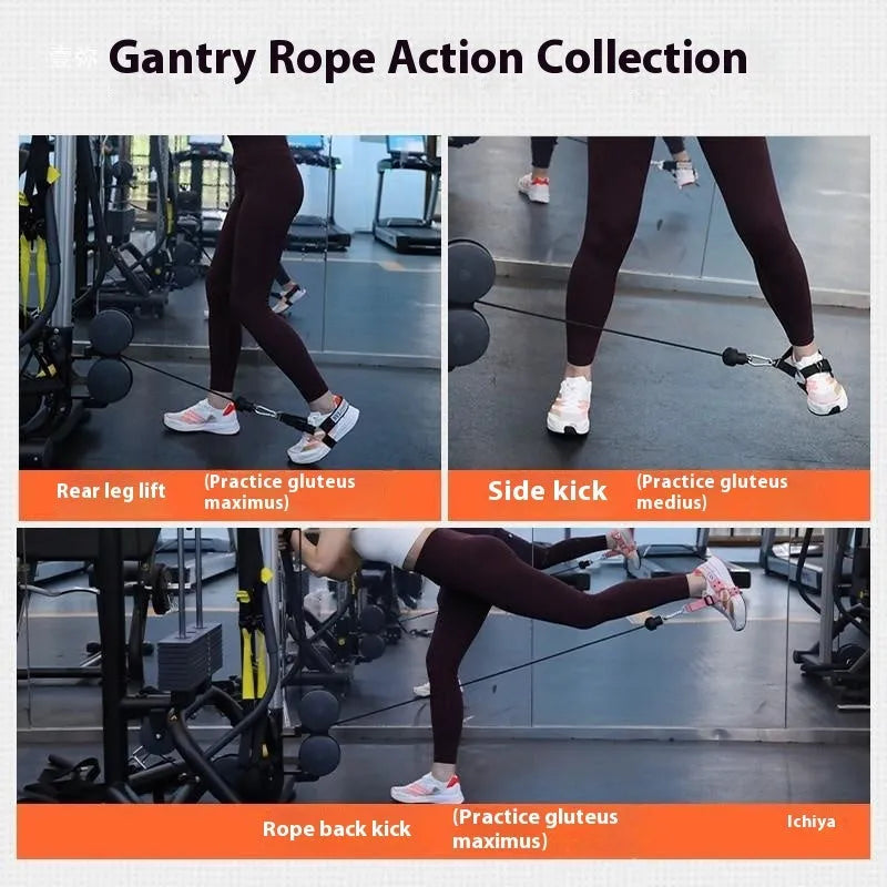 Gantry frame ankle strength strap with adjustable buckle shown in black, grey, and pink colour options