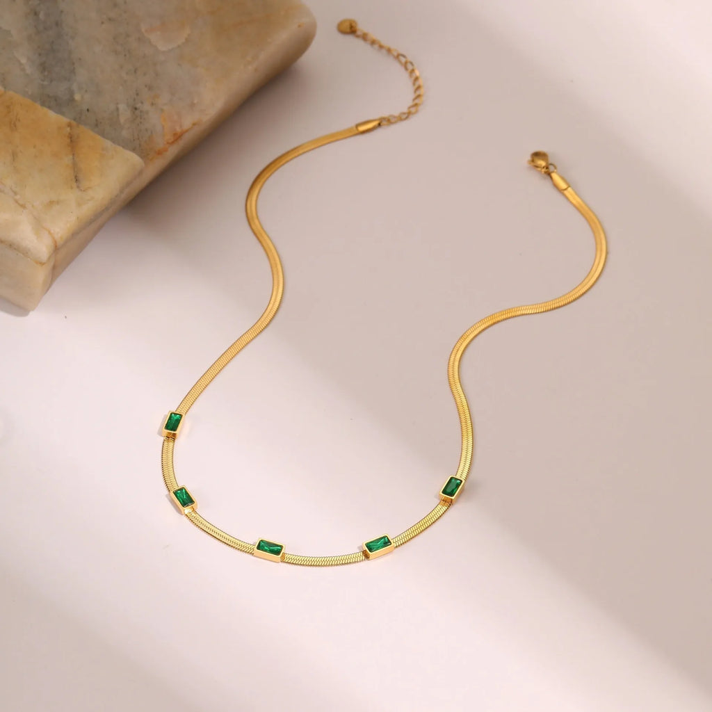 Geometric square zircon pendant necklace on flat snake chain in gold or steel colour