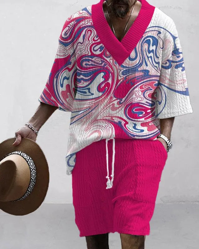 Loose casual short sleeve suit with matching shorts in polyester fabric, available in multiple colours and sizes S to XXXXL