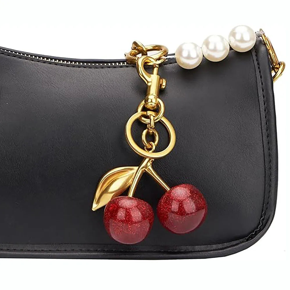 Red zinc alloy cherry pendant key ring with three-dimensional design for women's bags