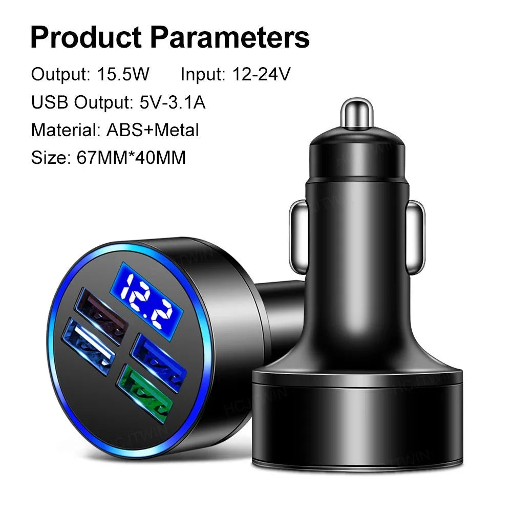 Black multi-port car charger for vehicle cigarette lighter with multiple USB ports