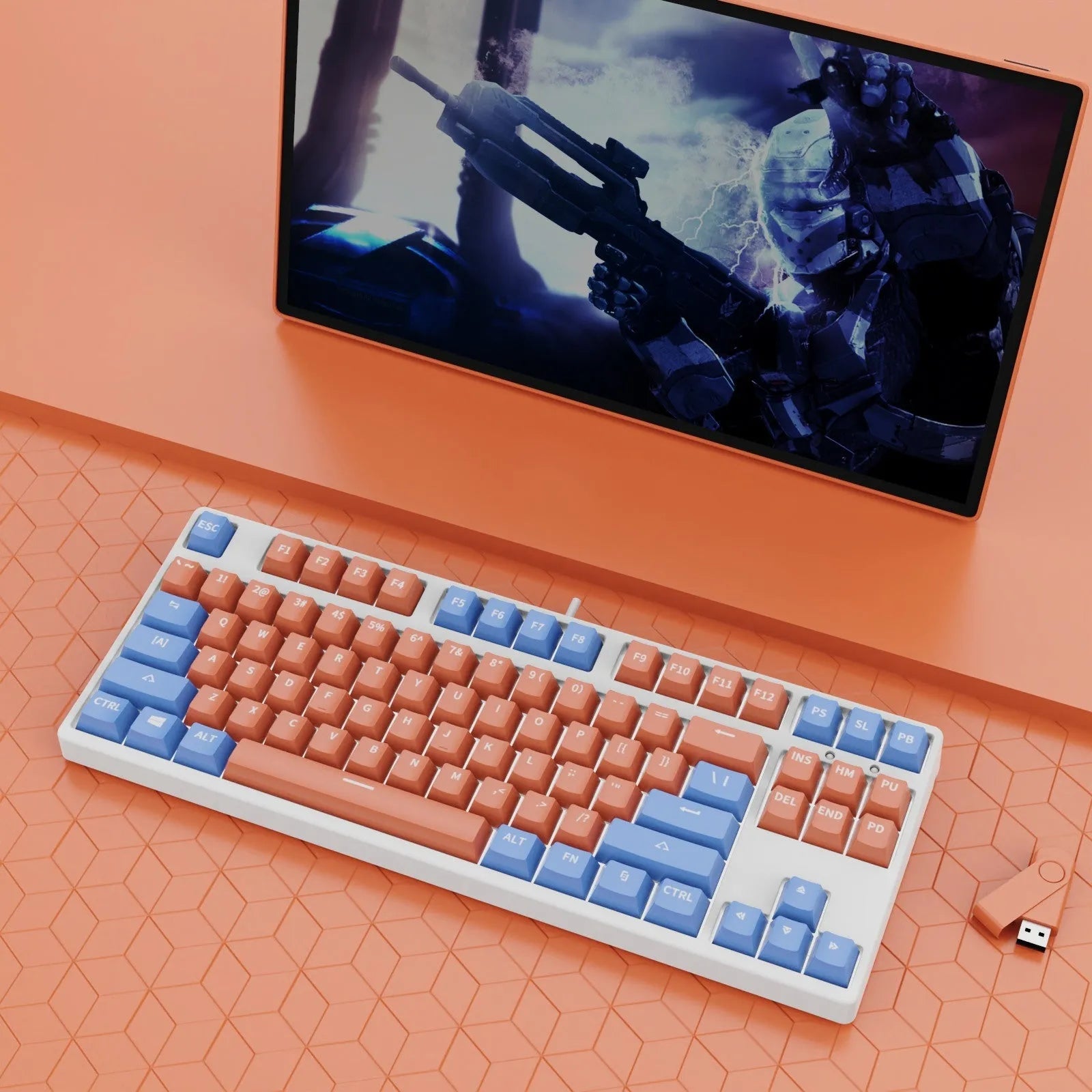 87-key wired mechanical keyboard with two-tone keycaps and metal frame, showing compact design and included tools