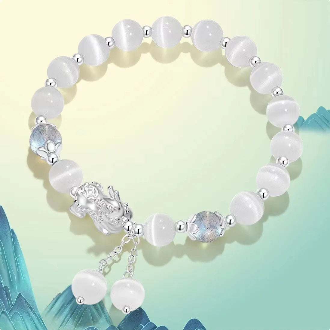 Natural black agate crystal couple bracelet with 10mm wave-shaped beads in grey tones