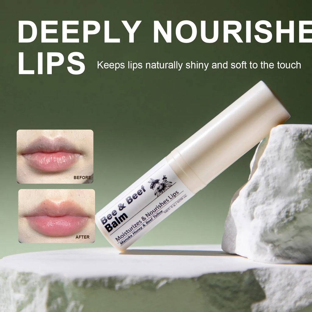 Beef fat lip balm tube measuring 83x19mm with organic grass-fed butter formulation
