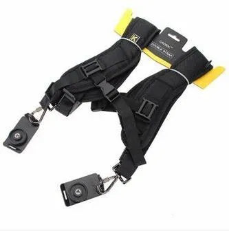 Professional SLR dual-camera strap with thick shoulder sponge padding and metal connectors for secure attachment