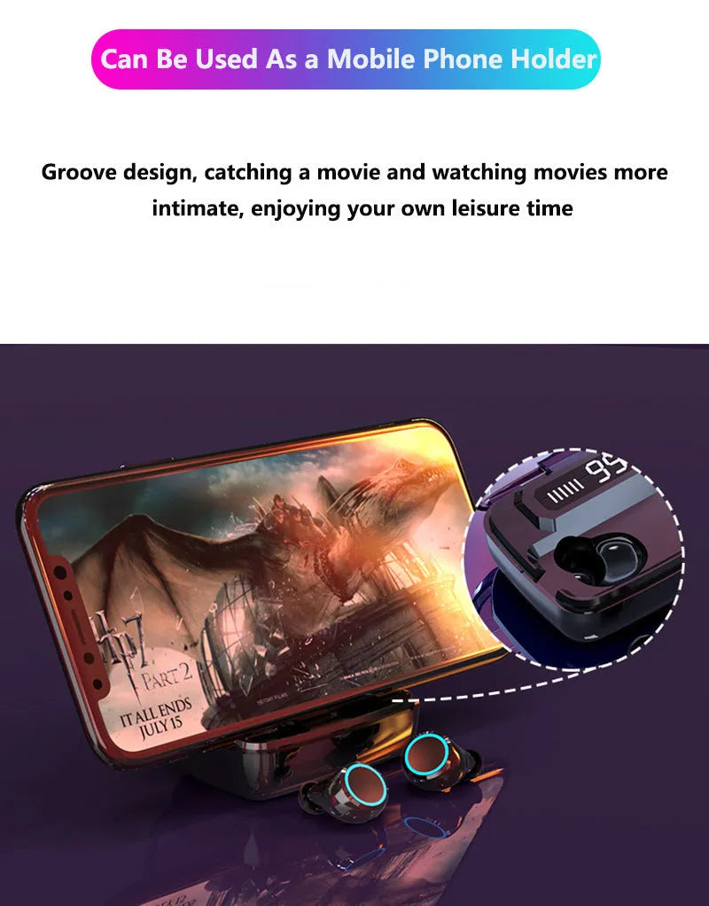 Black Bluetooth wireless headset with digital power display showing battery percentage, placed in charging case