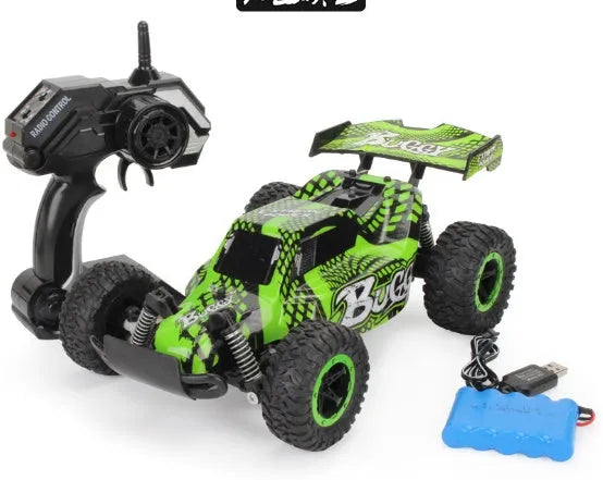 Blue 1:18 scale remote control off-road drift car with 2.4G transmitter on a track