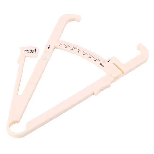 White acrylic fat caliper skin fold thickness meter showing 200mm range and 0.001mm accuracy for body fat measurement