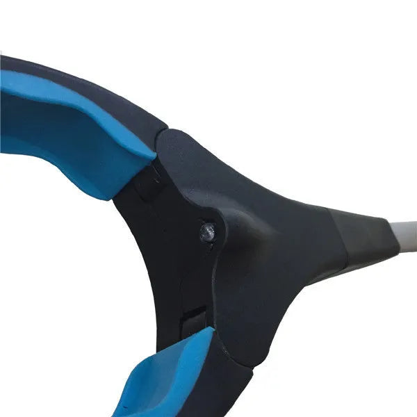Blue foldable pickup tool with TPR grip and aluminium frame, shown extended to 83.5cm.