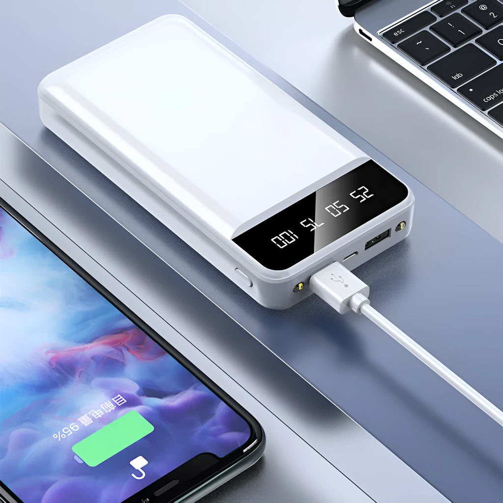 20000mAh polymer power bank in black white pink or blue colours showing USB ports