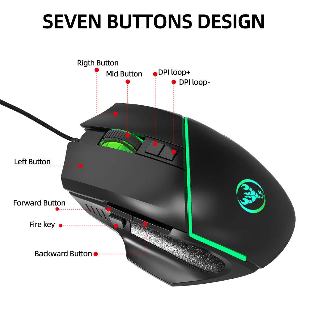 Black wired gaming mouse with 8 buttons, 6400 DPI adjustable sensor, 7-colour breathing light, and 150cm USB cable