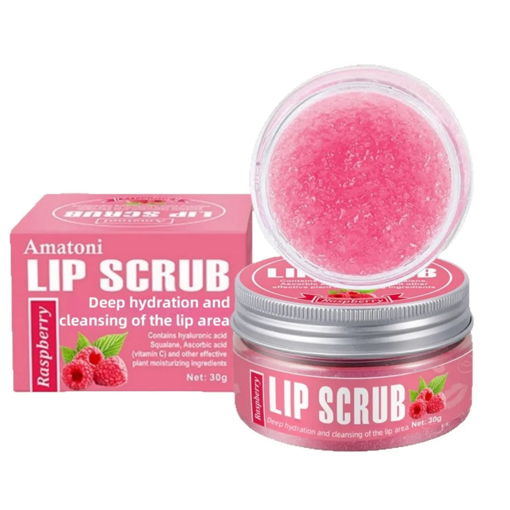 Amatoni Lip Scrub pot showing 30g exfoliating cream with fruit flavour options