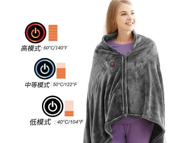 Dark grey USB electric heated plush blanket with round button zipper, shown folded.
