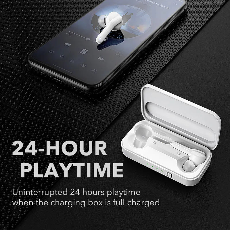Black TWS wireless earbuds with charging case showing Bluetooth 5.0 and IPX5 waterproof features
