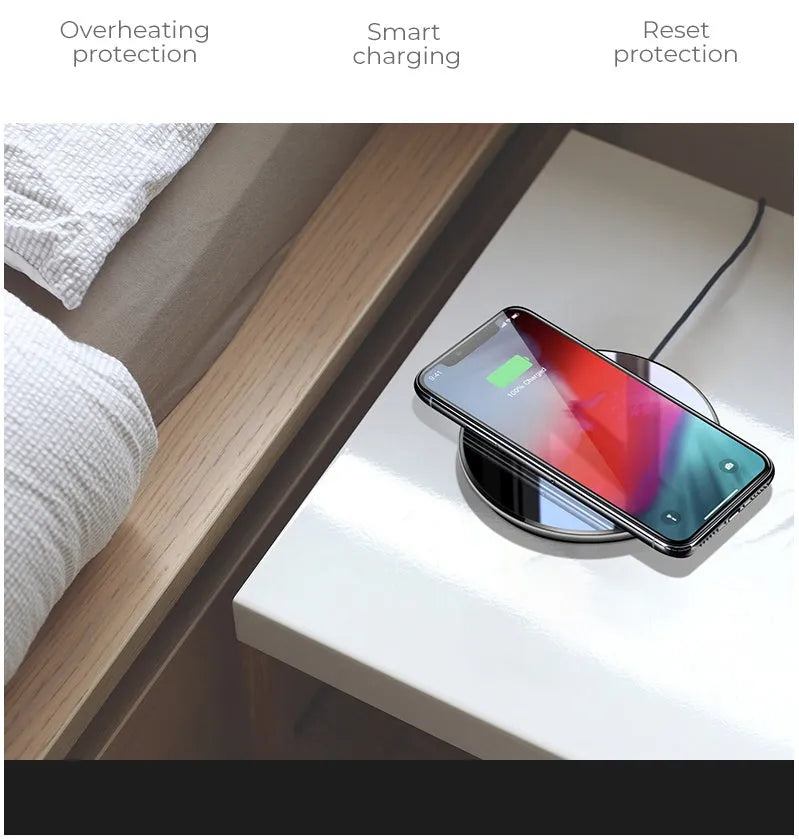 Black 15W QI wireless charger with foreign object detection for charging through phone cases