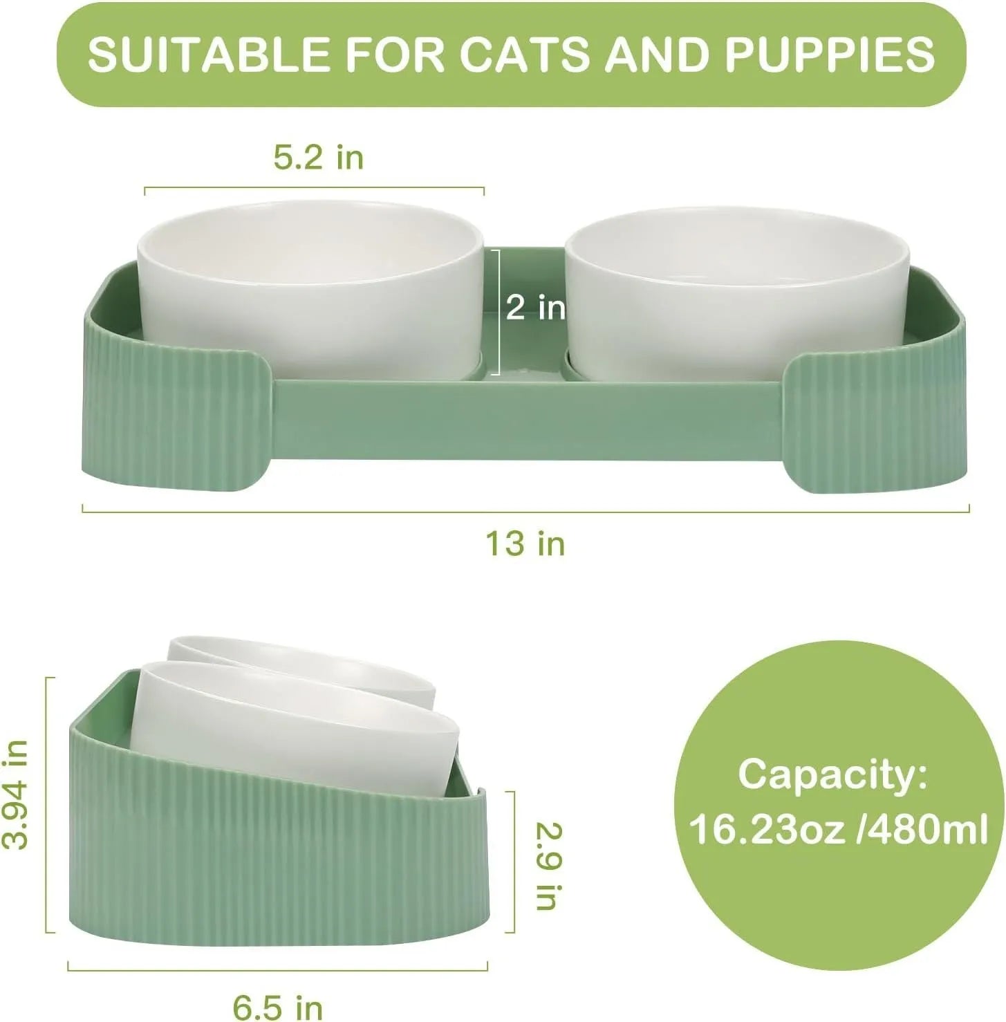 Ceramic elevated cat bowls with 15° tilted stand in green, white, or yellow, showing non-slip base and detachable bowls