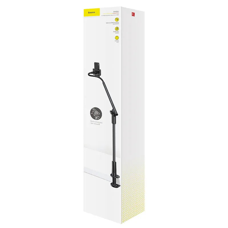 Lazy phone holder in aluminium alloy and plastic with 64-90mm clamp and 90mm base clip for table or bed head