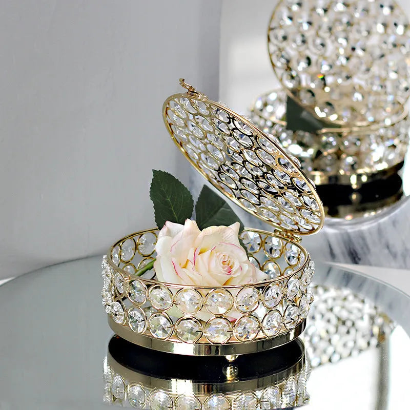 French gold jewellery box with crystal glass lid showing interior, measuring 15cm wide