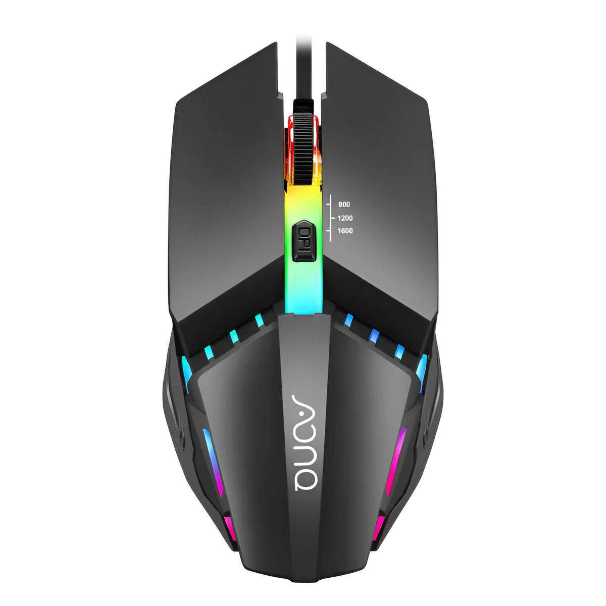 M3 black wired USB mouse, 124 x 63 x 39mm, with 800, 1200, and 1600 DPI resolution settings