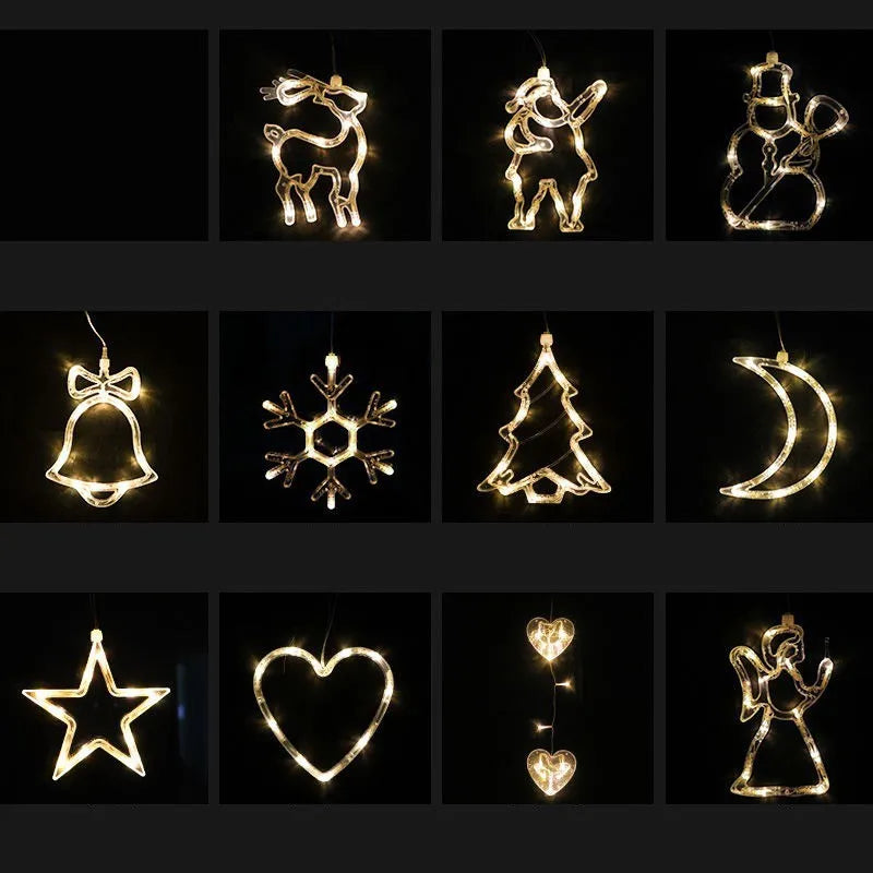 Battery-powered Christmas LED light set with Santa Claus, elk, and snowman designs stuck to a window with suction cups.
