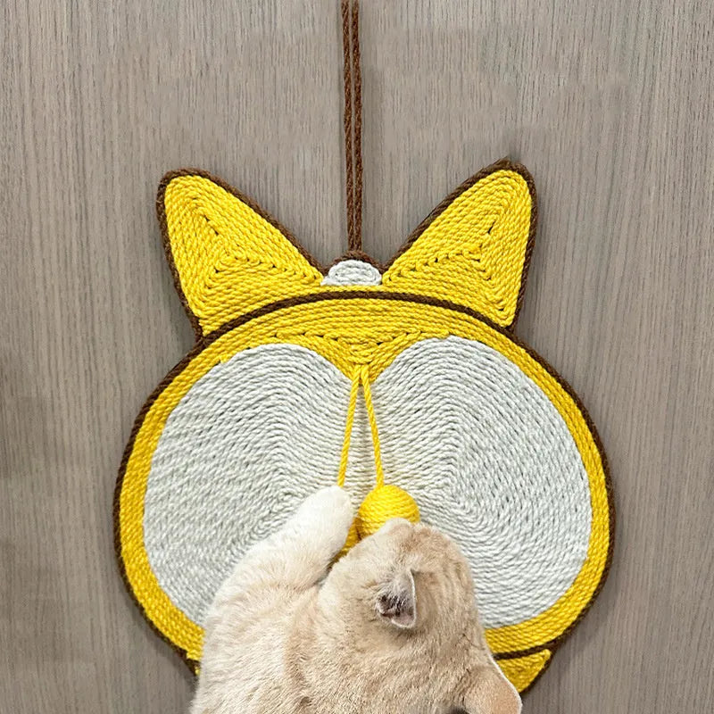 Yellow Corgi design cat scratching board with sisal surface measuring 37x40cm