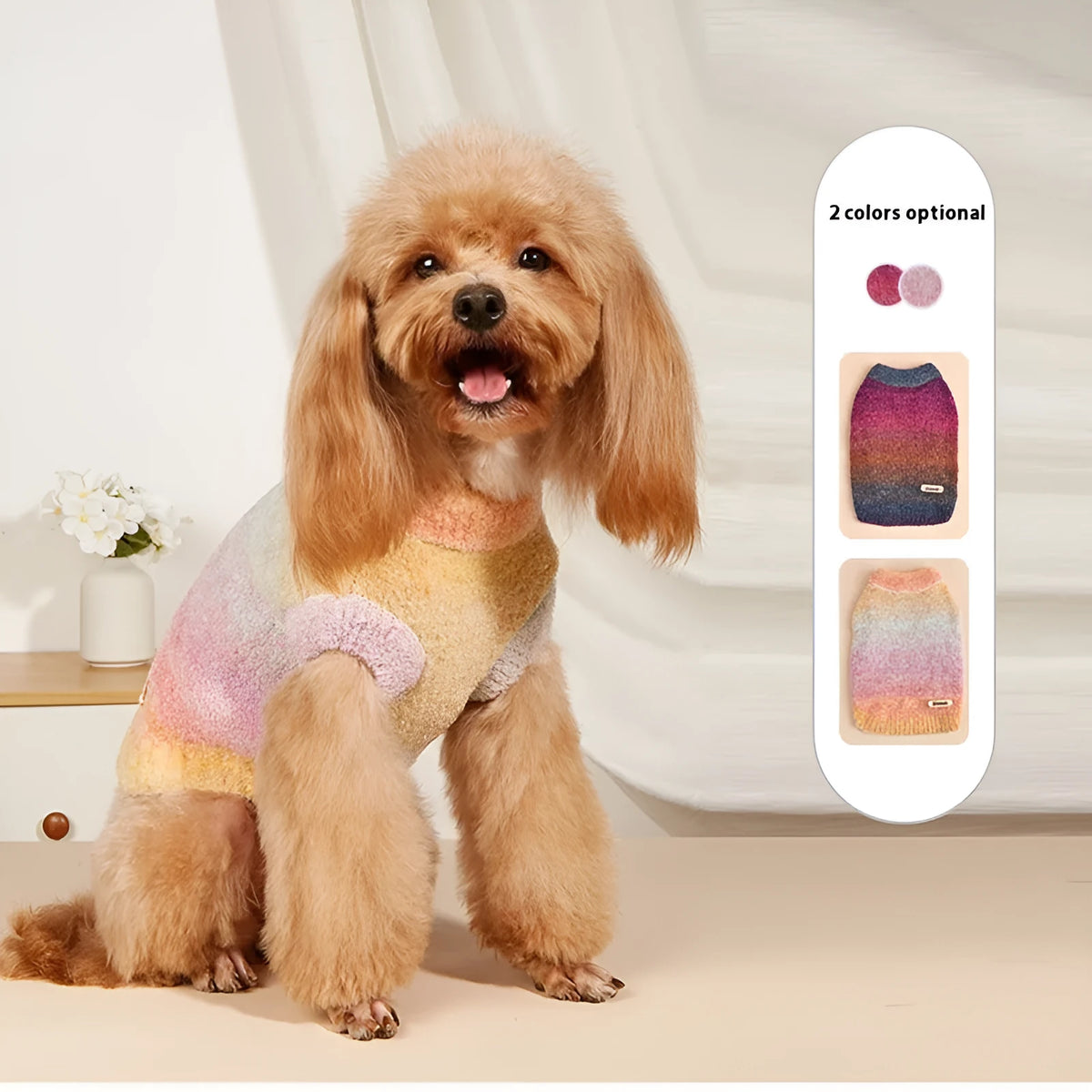 Dopamine-style pet sweater with rainbow circle patterns in wool acrylic blend fabric