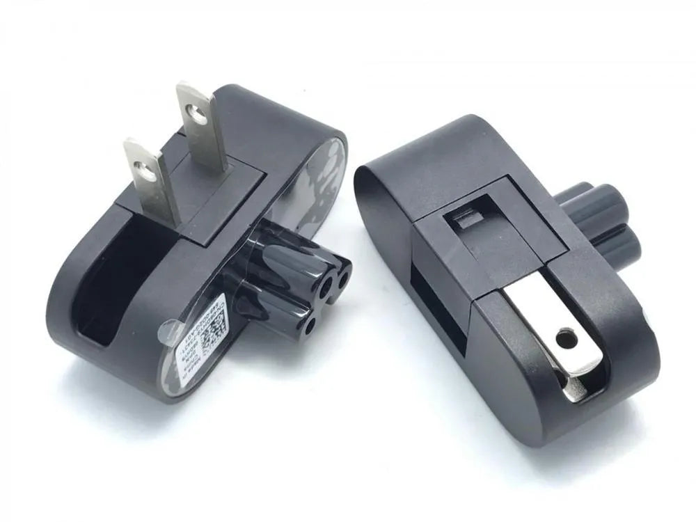 Black notebook power head folding plug with two forks shown in straight and 90-degree positions