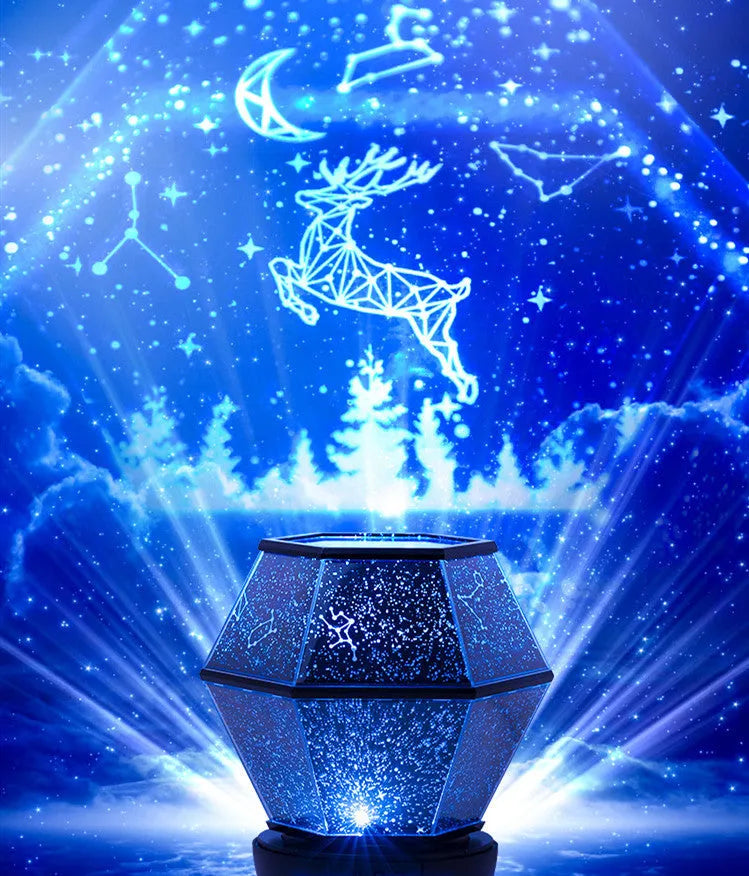 Children's rotating stars night light projecting blue star patterns on ceiling with 15cm diameter white plastic housing