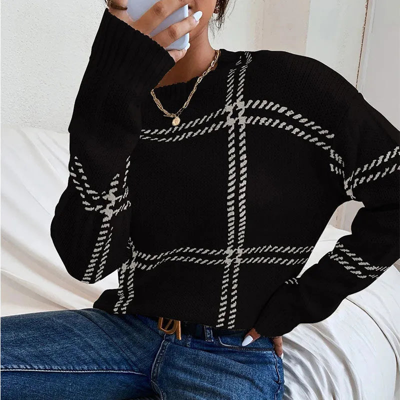 Women's plaid colour-block crew neck sweater showing apricot, black, beige, red, and green stripe options