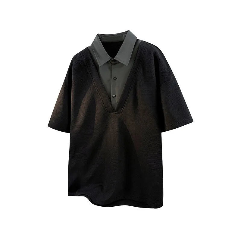 Men's black short-sleeved polo pullover sweater with a heavy henry collar