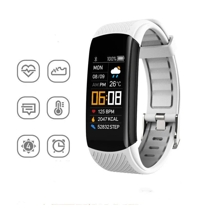 Black TPU pedometer bracelet with 0.96-inch touchscreen displaying step count on wrist