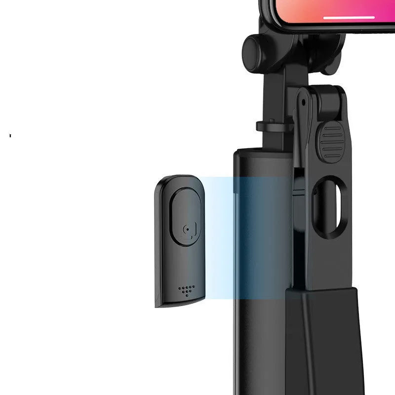 Black aluminium alloy Bluetooth selfie stick with remote control, shown extended with a mobile phone attached.