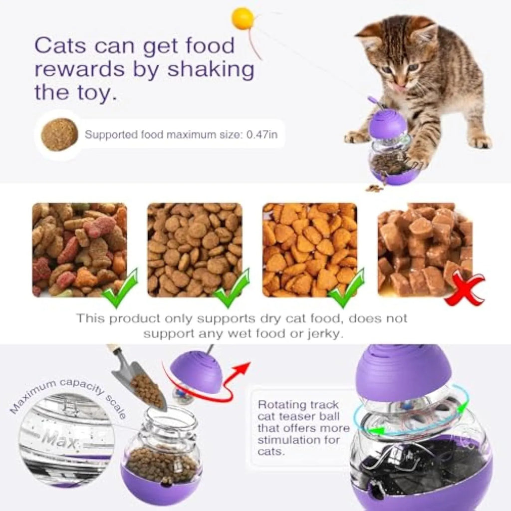 Pink interactive cat toy with tilting base, flexible teaser stick, and food dispenser compartment for indoor cats