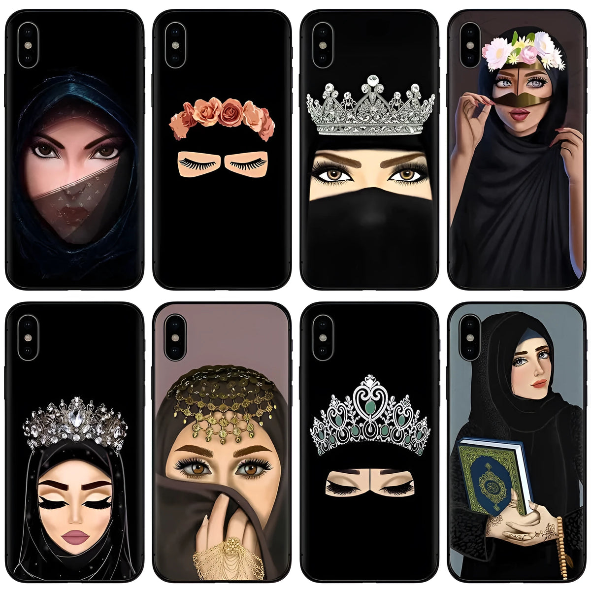 Islamic hijab design phone case with rhinestone floral patterns for iPhone