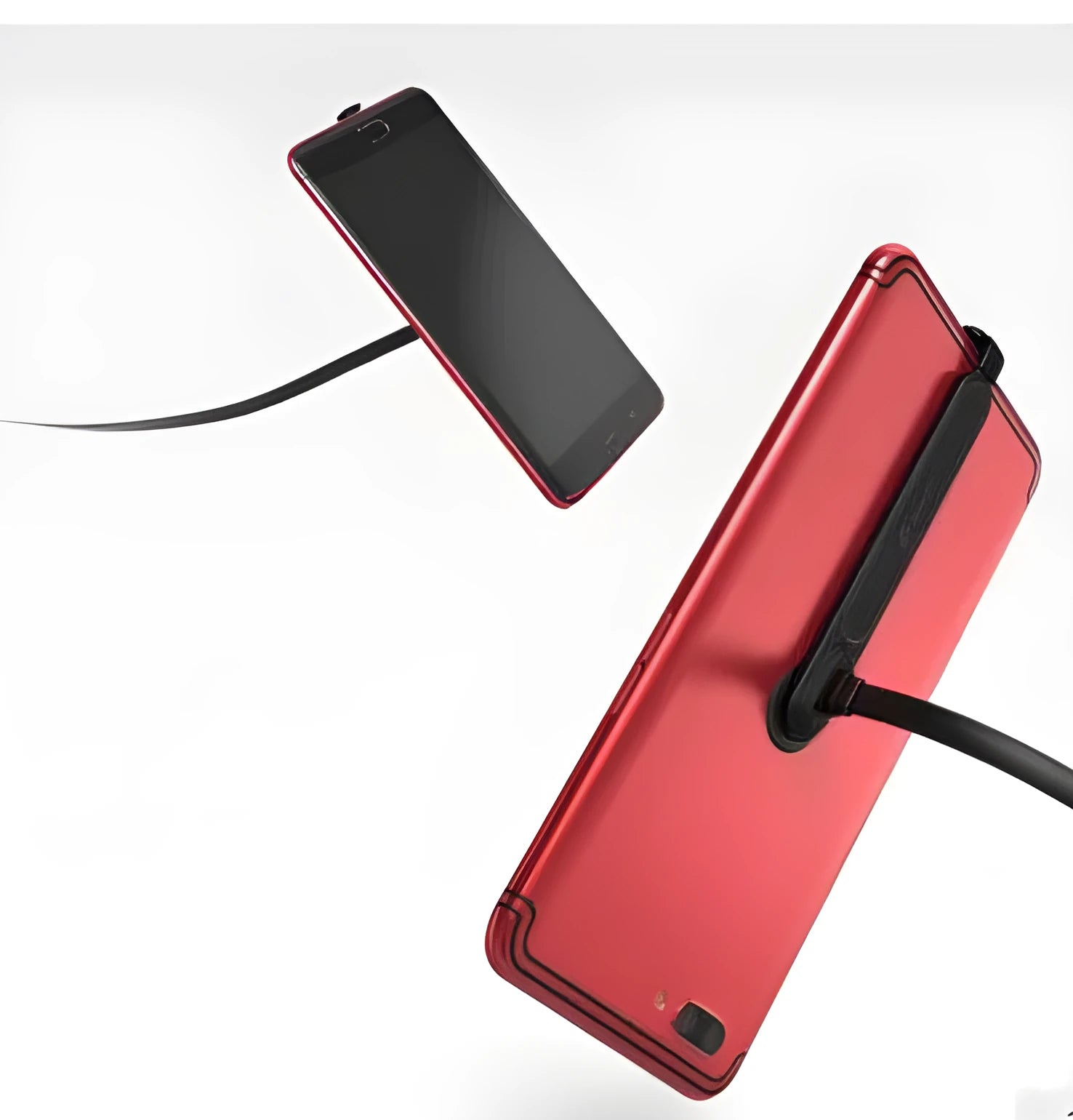 L-shaped gaming phone charging cable with white suction cup attached to a mobile phone.