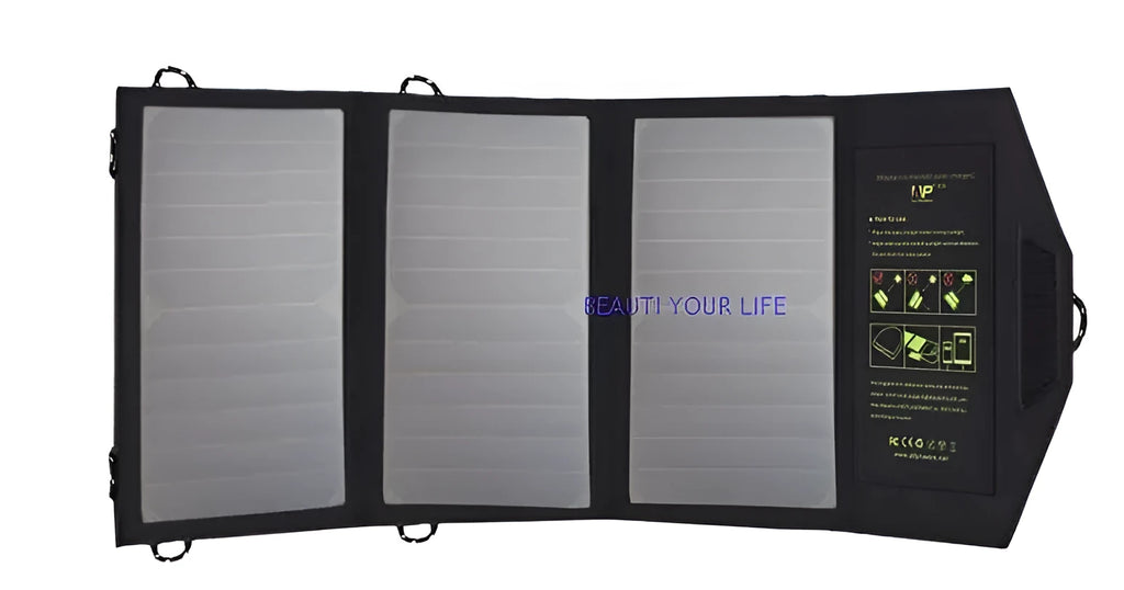 Black foldable solar panel charger with dual USB ports and backpack attachment loops